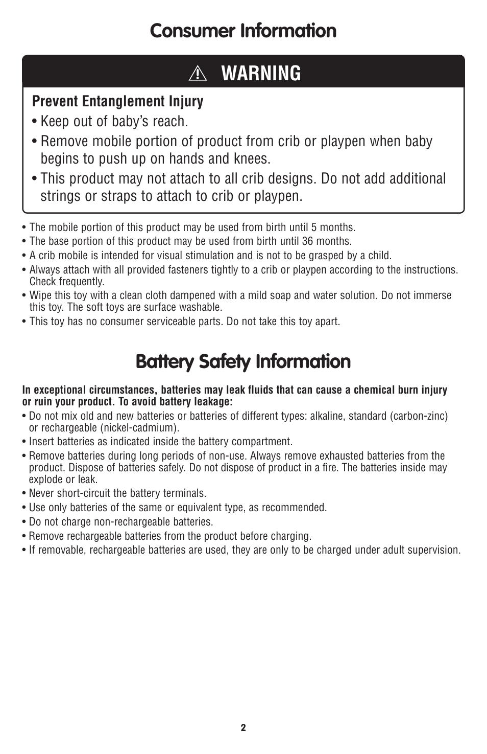 Warning consumer information, Battery safety information | Fisher-Price N8849 User Manual | Page 2 / 12