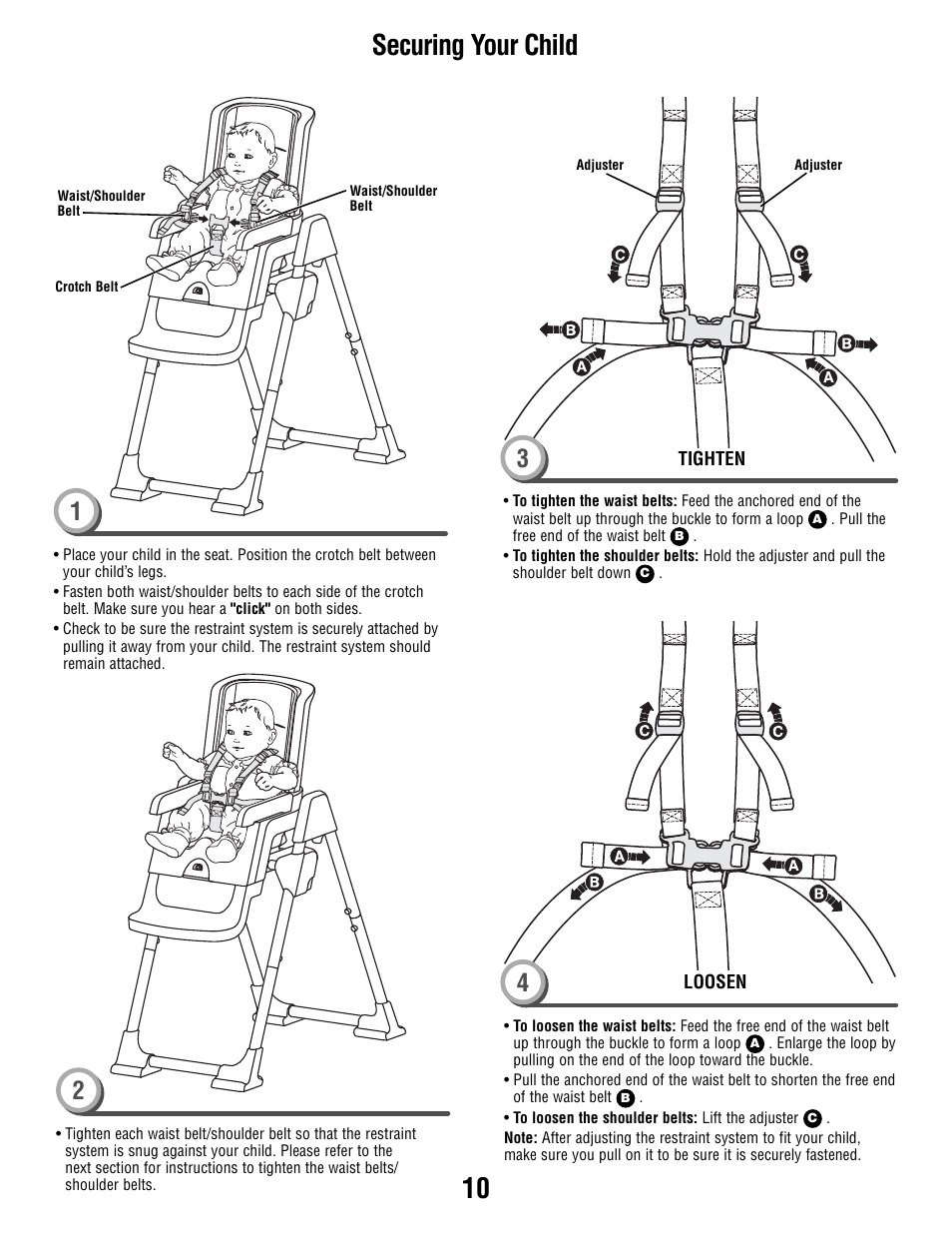 10 securing your child | Fisher-Price T0250 User Manual | Page 10 / 16