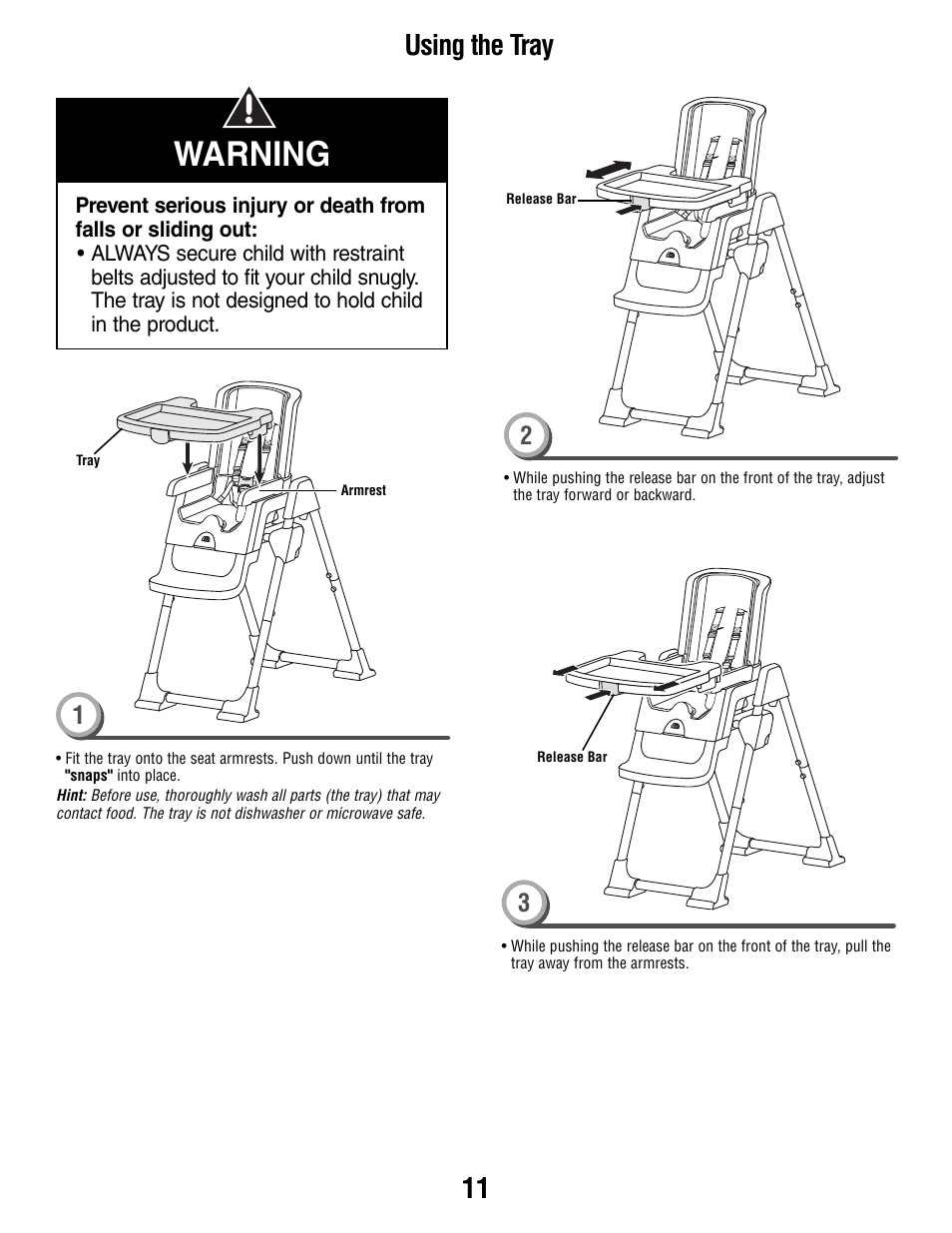 Warning, 11 using the tray | Fisher-Price T0250 User Manual | Page 11 / 16
