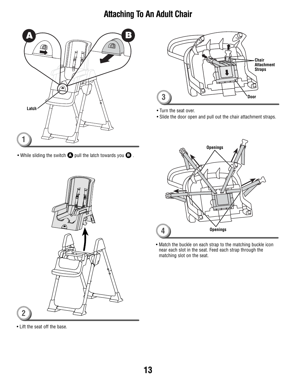 13 a b, Attaching to an adult chair | Fisher-Price T0250 User Manual | Page 13 / 16