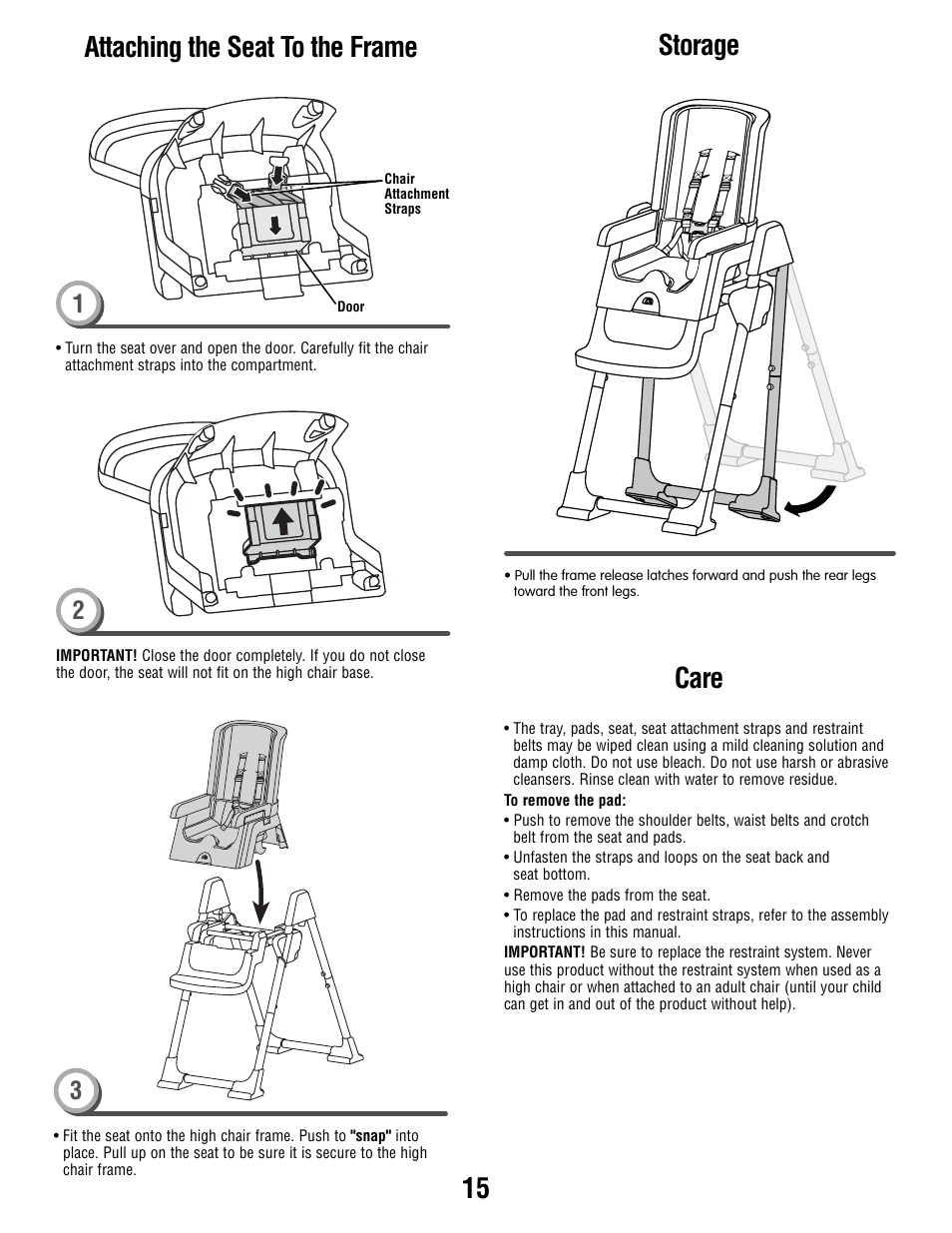 15 attaching the seat to the frame, Storage, Care | Fisher-Price T0250 User Manual | Page 15 / 16