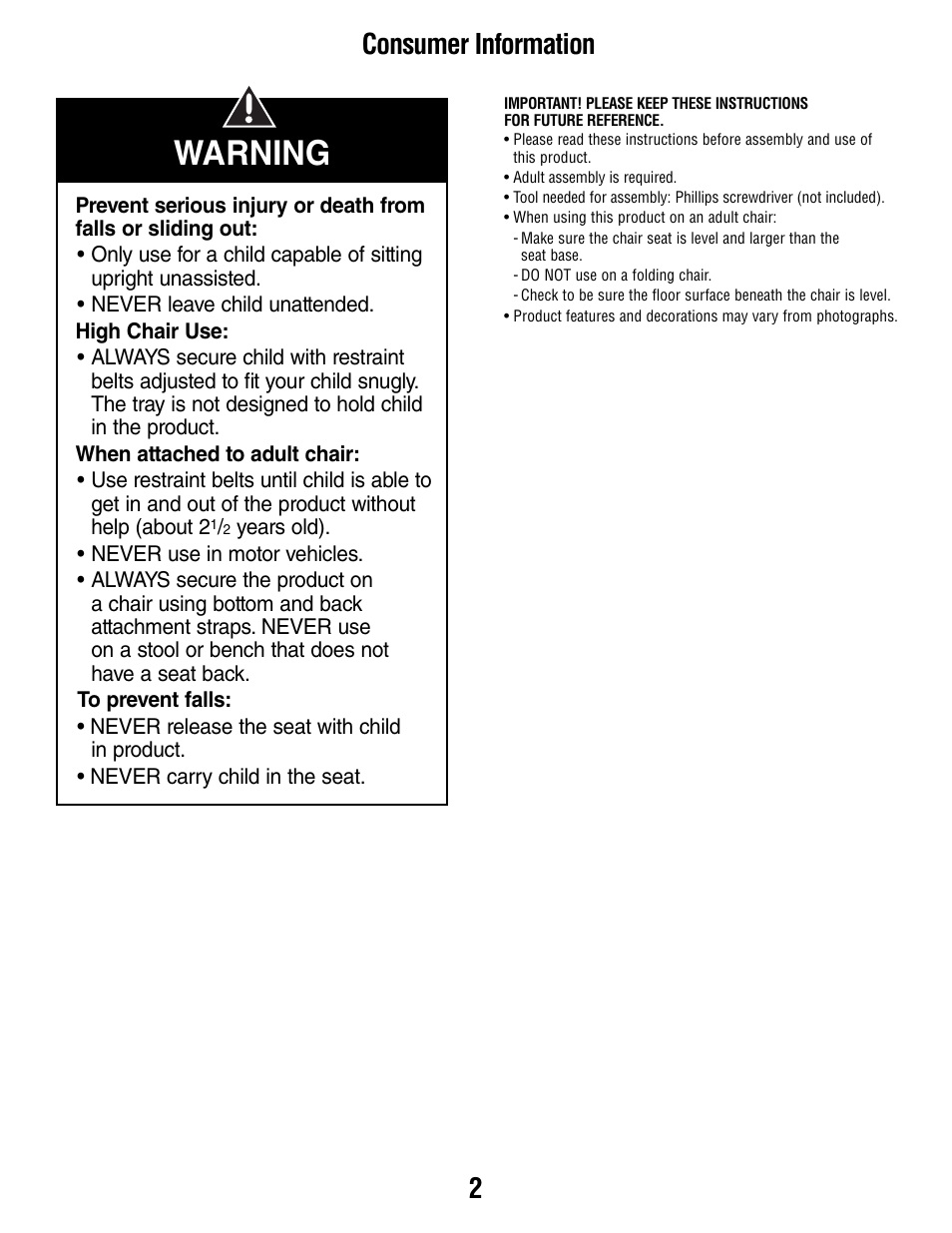 Warning, Consumer information | Fisher-Price T0250 User Manual | Page 2 / 16