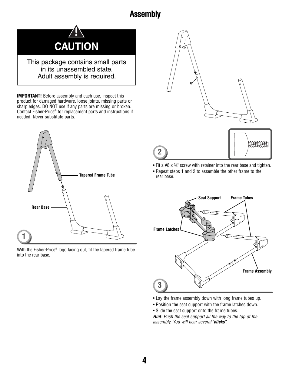 Caution, Assembly | Fisher-Price T0250 User Manual | Page 4 / 16