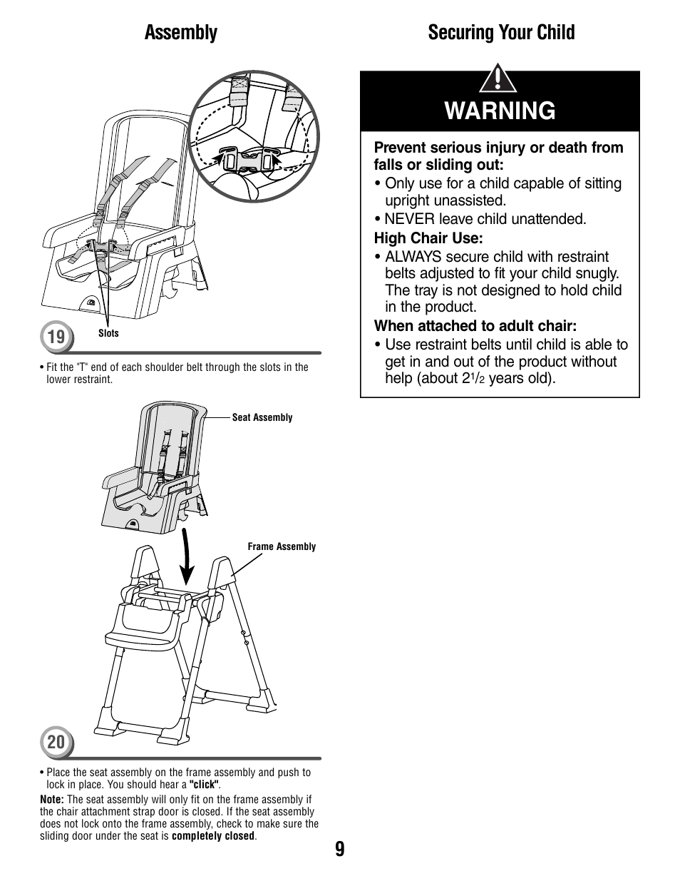 Warning, 9assembly, Securing your child | Fisher-Price T0250 User Manual | Page 9 / 16