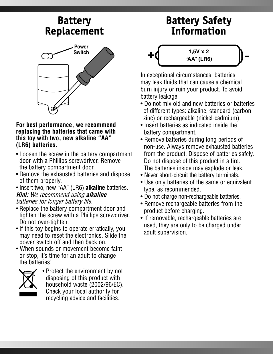 Battery safety | Fisher-Price L9511 User Manual | Page 2 / 4