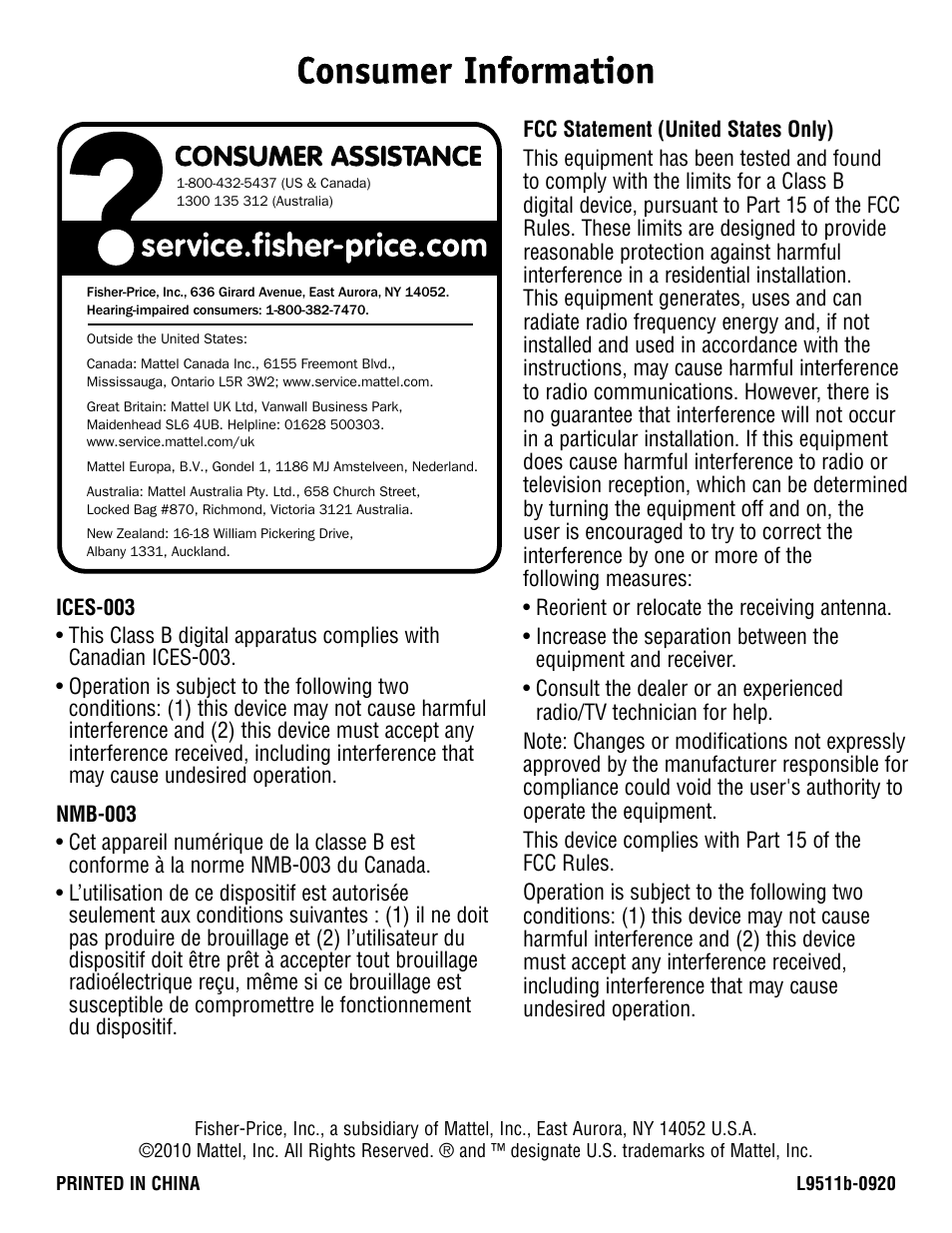 Consumer information | Fisher-Price L9511 User Manual | Page 4 / 4