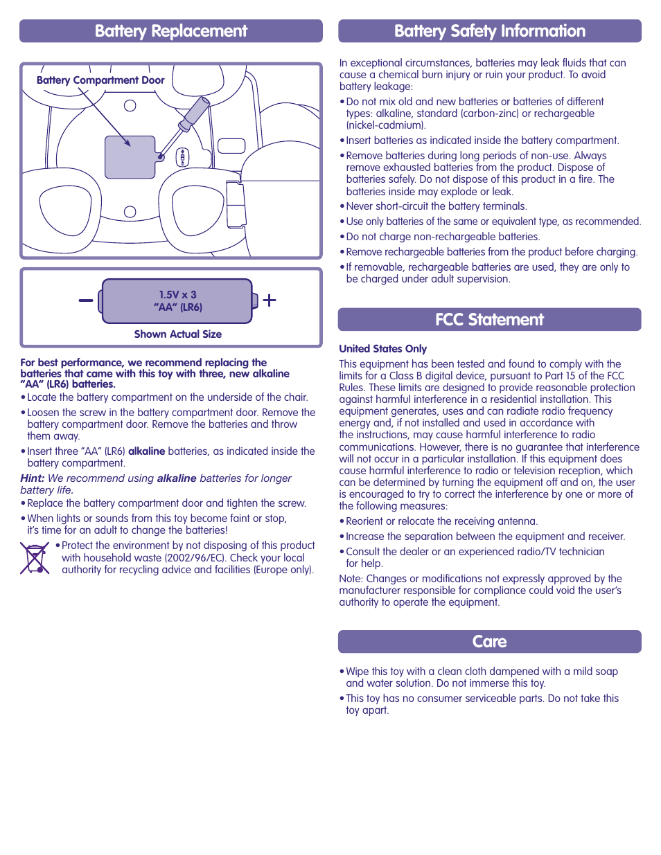 Battery replacement fcc statement, Care, Battery safety information | Fisher-Price K7273 User Manual | Page 6 / 8