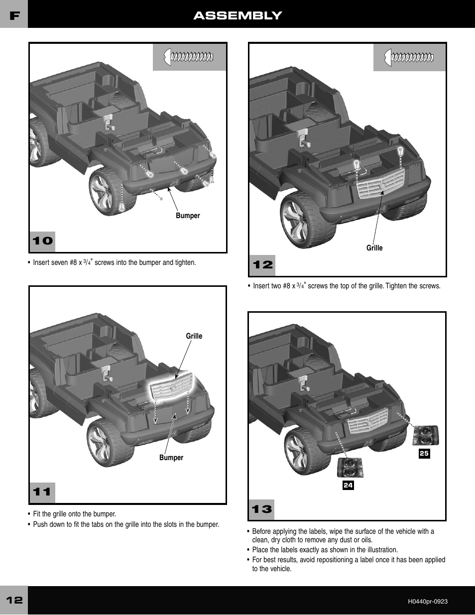 Assembly | Fisher-Price CADILLAC ESCALADE H0440 User Manual | Page 12 / 36