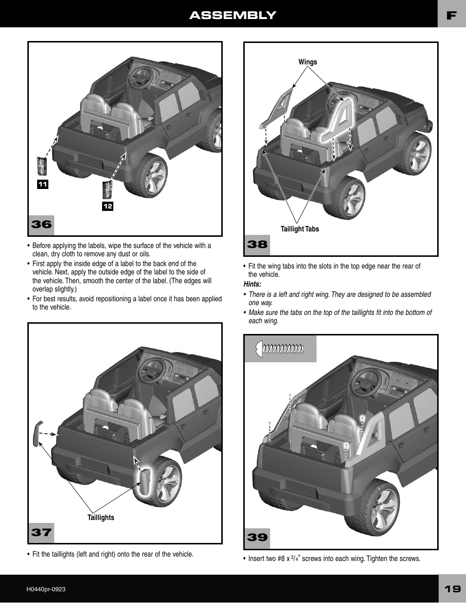 Assembly | Fisher-Price CADILLAC ESCALADE H0440 User Manual | Page 19 / 36