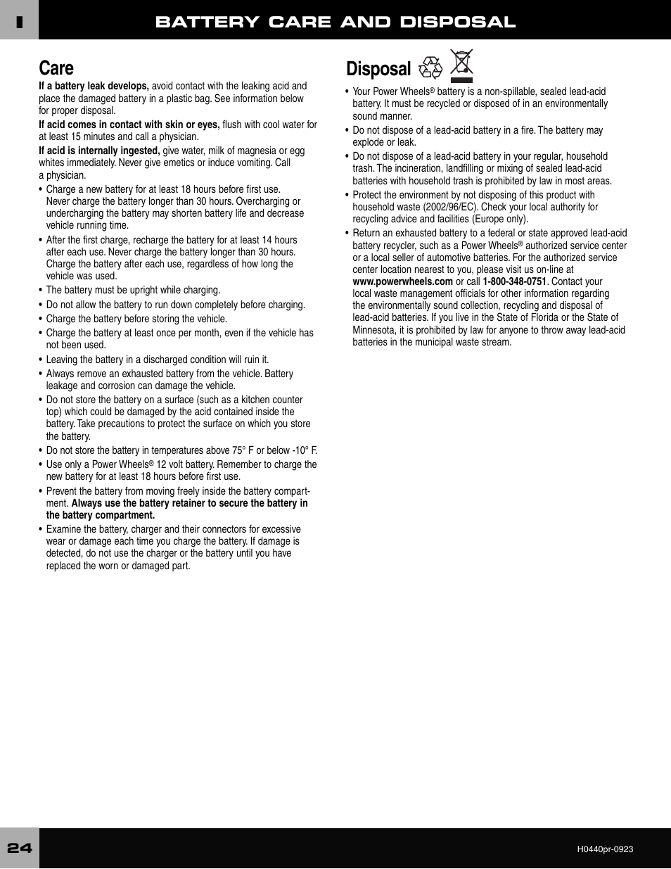 Care, Disposal, Battery care and disposal | Fisher-Price CADILLAC ESCALADE H0440 User Manual | Page 24 / 36