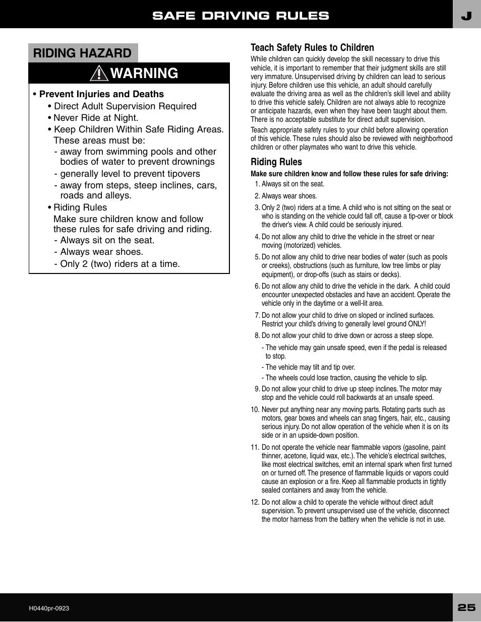 Warning, Riding hazard, Safe driving rules | Fisher-Price CADILLAC ESCALADE H0440 User Manual | Page 25 / 36
