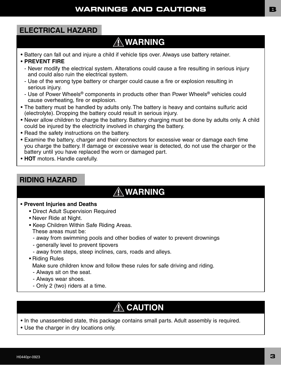 Warning caution, Warning, Electrical hazard | Riding hazard | Fisher-Price CADILLAC ESCALADE H0440 User Manual | Page 3 / 36