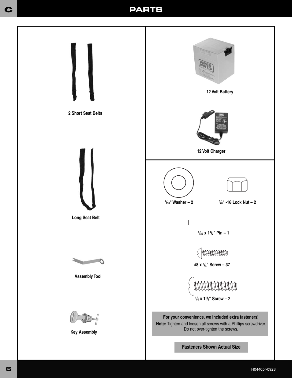 Parts, Fasteners shown actual size | Fisher-Price CADILLAC ESCALADE H0440 User Manual | Page 6 / 36