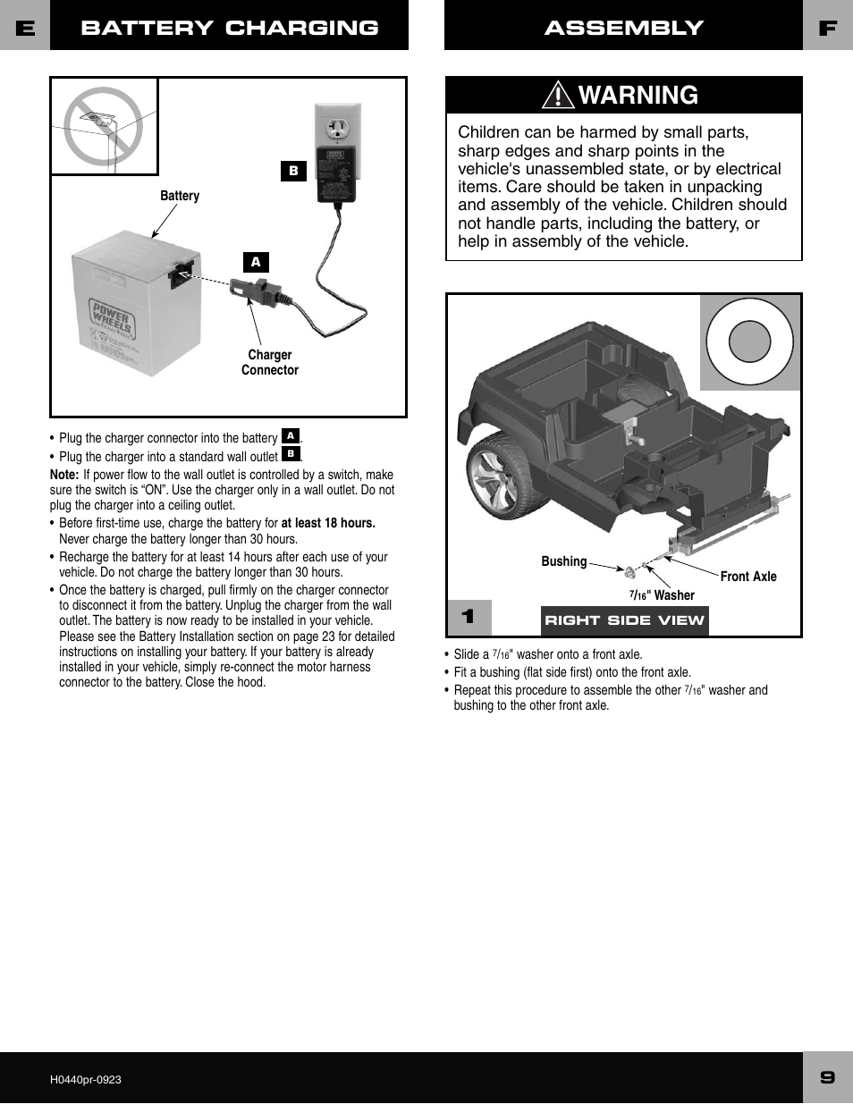 Warning, Battery charging, Assembly 1 | Fisher-Price CADILLAC ESCALADE H0440 User Manual | Page 9 / 36