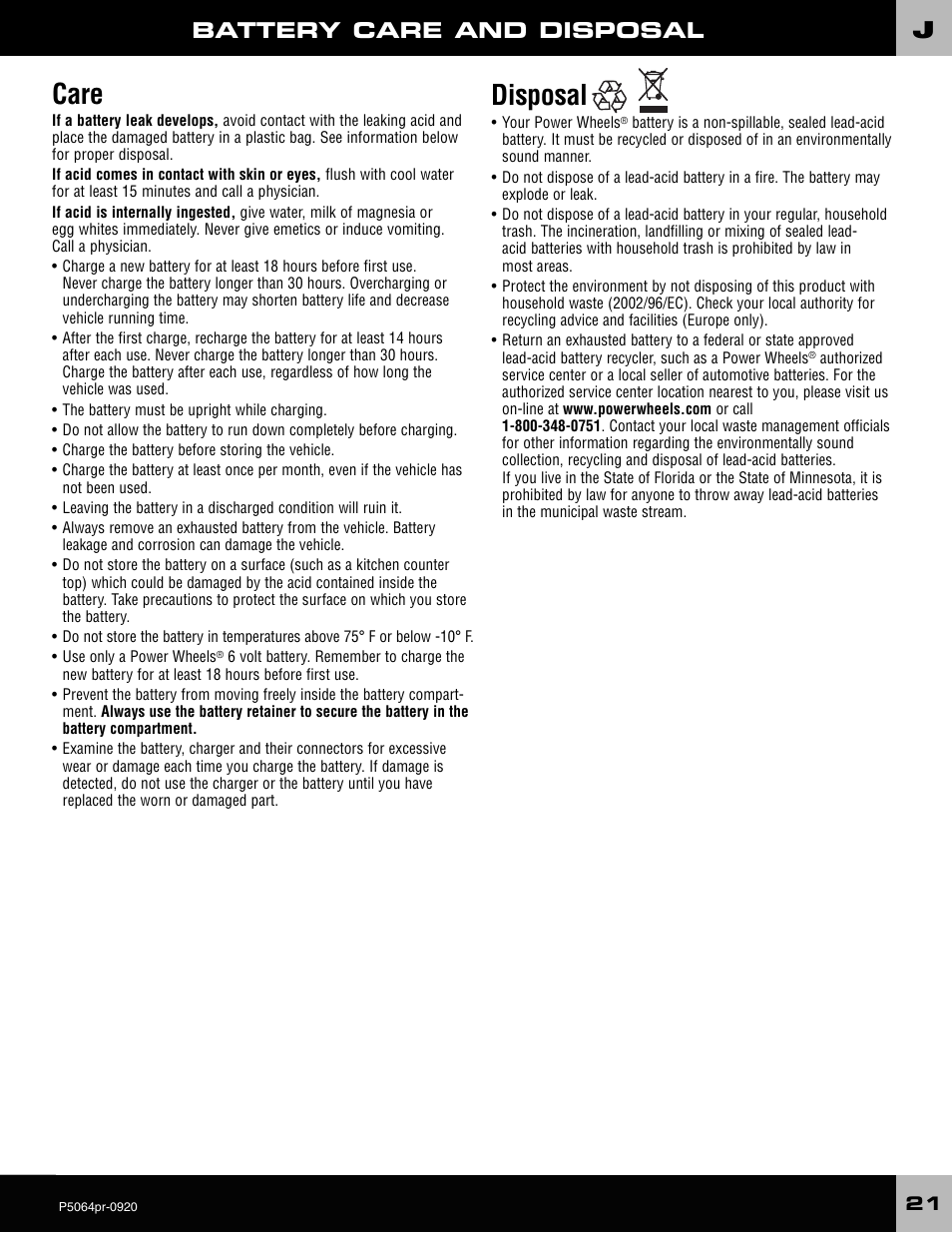 Care, Disposal, Battery care and disposal | Fisher-Price P5064 User Manual | Page 21 / 28