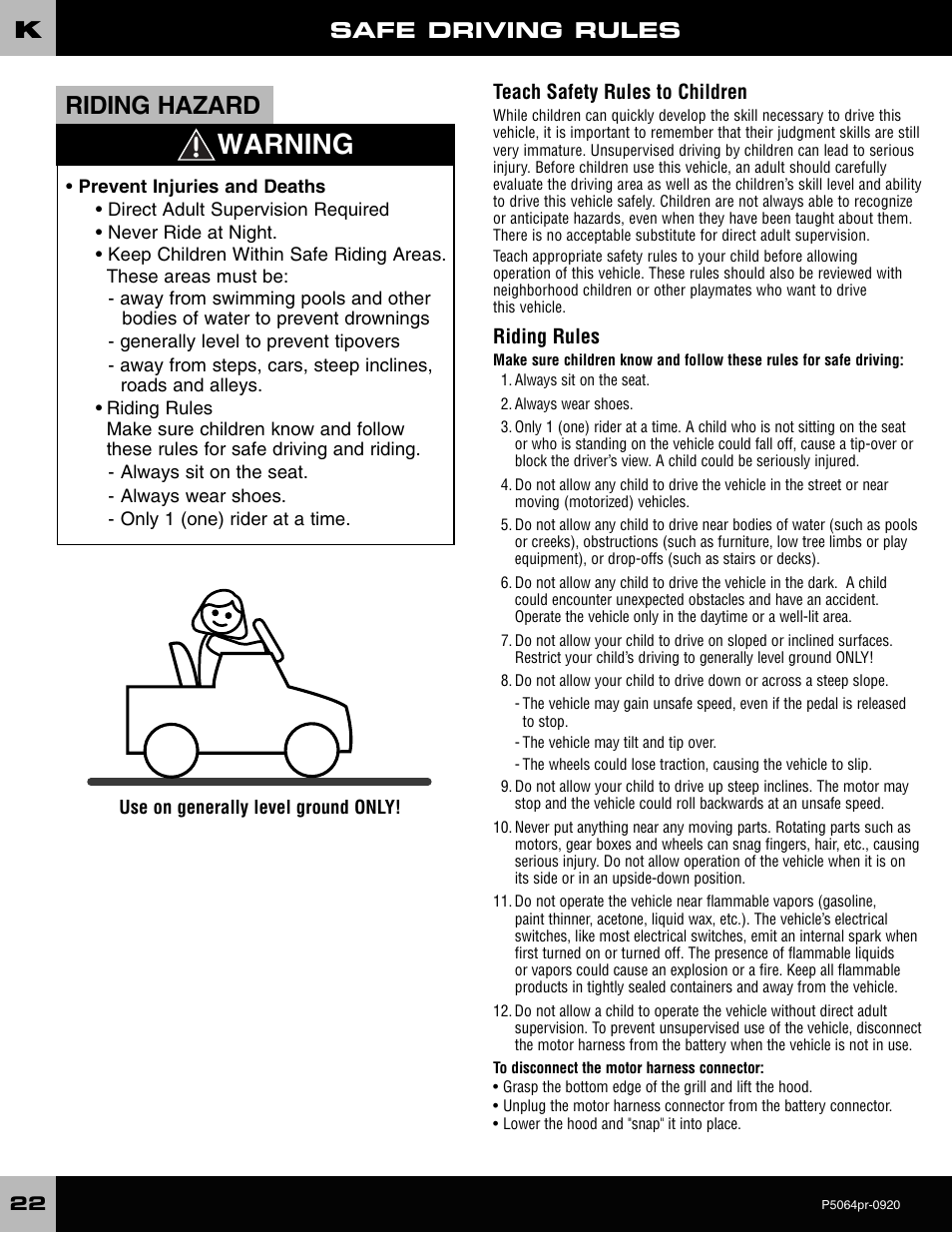 Warning, Riding hazard, Safe driving rules | Fisher-Price P5064 User Manual | Page 22 / 28