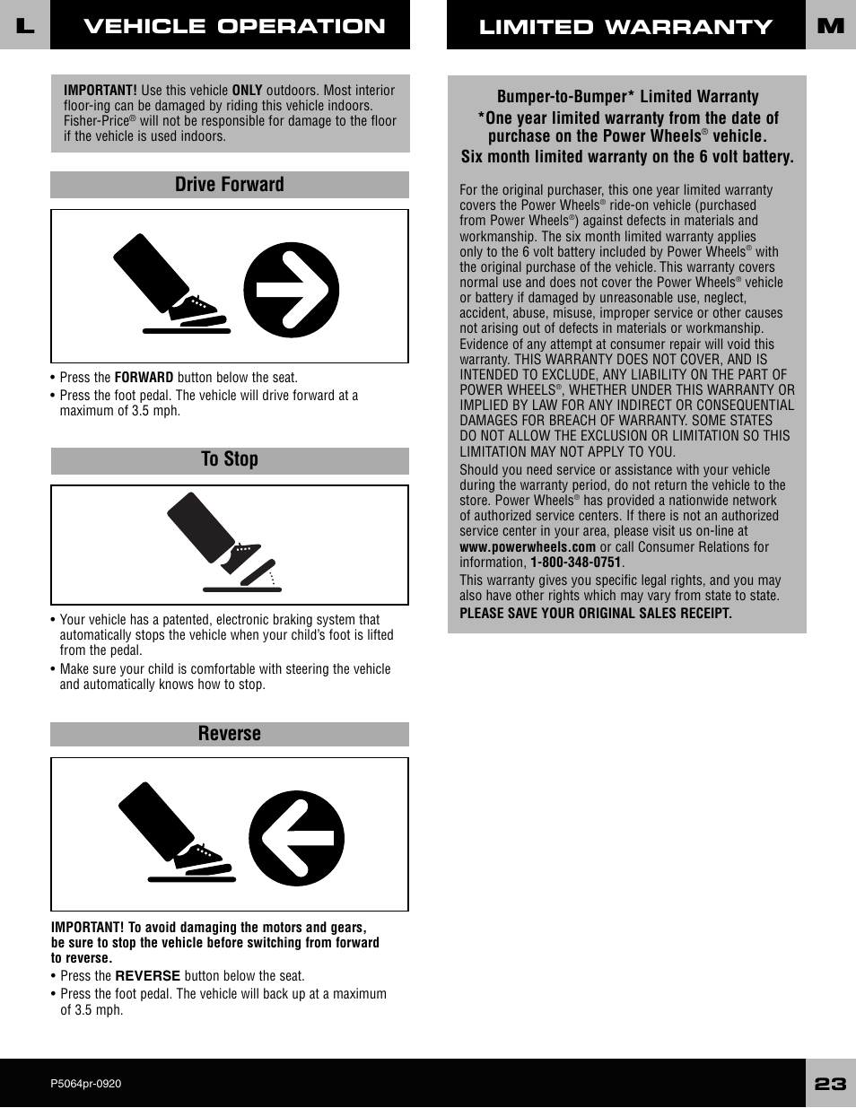 Vehicle operation, Drive forward to stop, Reverse limited warranty | Fisher-Price P5064 User Manual | Page 23 / 28