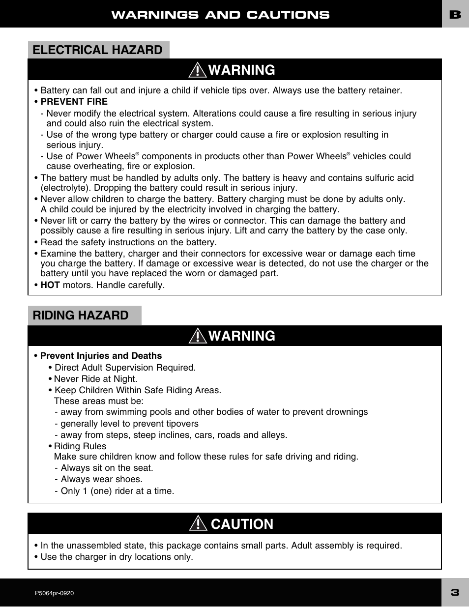 Warning caution, Warning, Electrical hazard | Riding hazard | Fisher-Price P5064 User Manual | Page 3 / 28