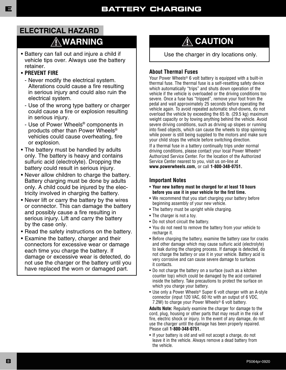 Warning caution, Electrical hazard, Battery charging | Fisher-Price P5064 User Manual | Page 8 / 28