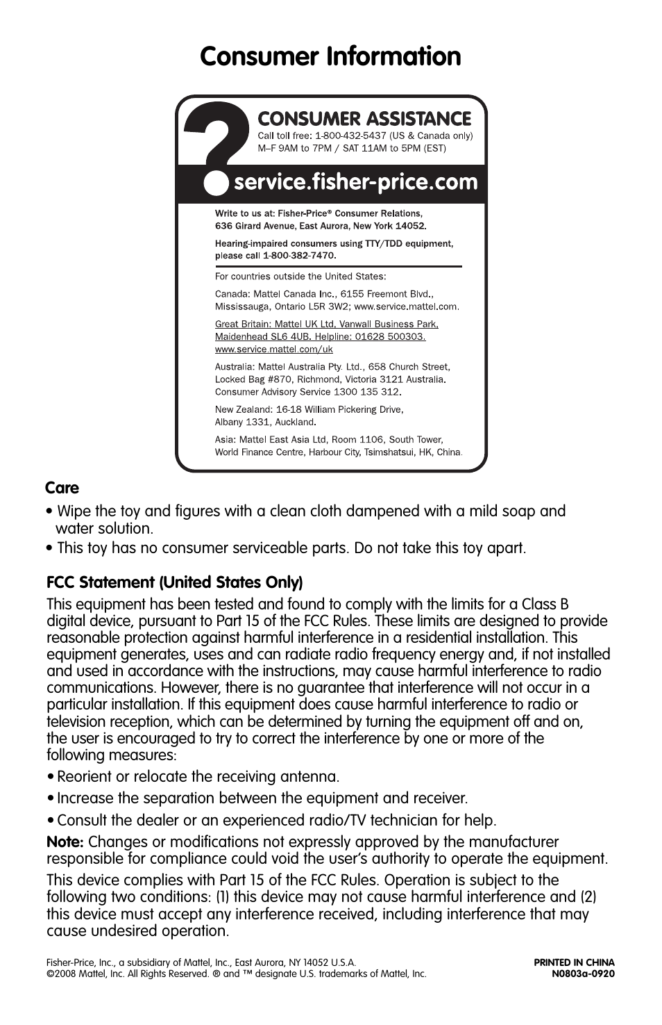 Consumer information | Fisher-Price N0803 User Manual | Page 4 / 4