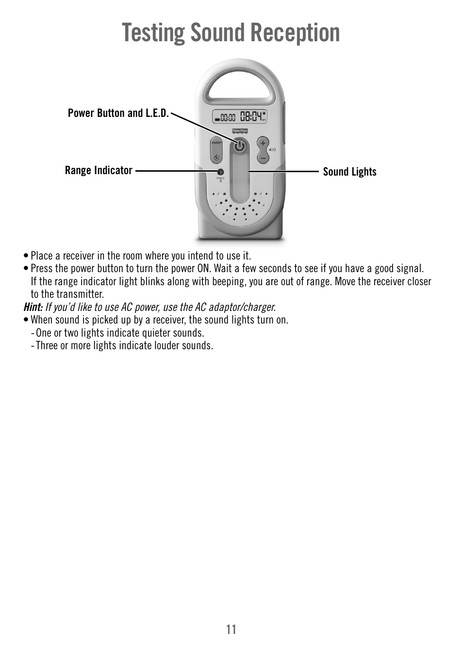 Testing sound reception | Fisher-Price T4842 User Manual | Page 11 / 16