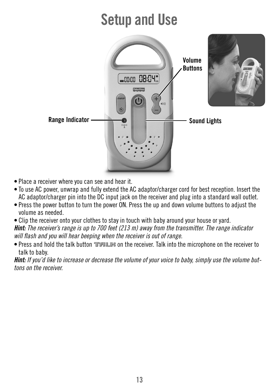 Setup and use | Fisher-Price T4842 User Manual | Page 13 / 16