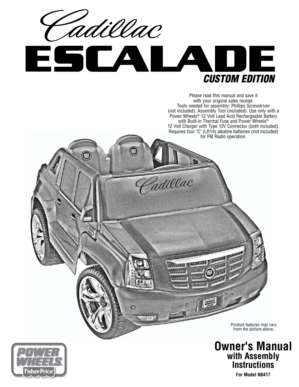 Fisher-Price CADILLAC ESCALADE CUSTOM EDITION POWER WHEELS N8417 User Manual | 32 pages