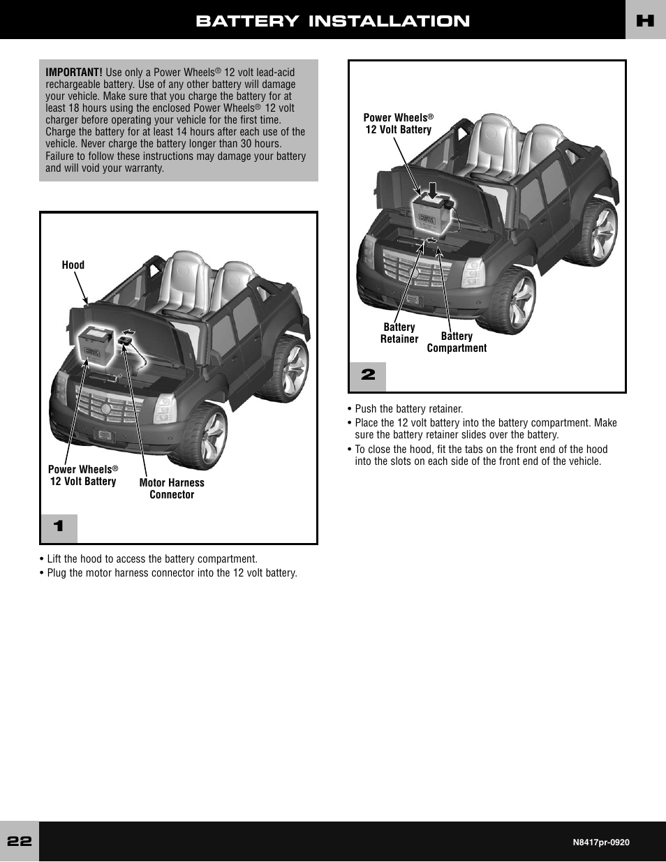 Battery installation | Fisher-Price CADILLAC ESCALADE CUSTOM EDITION POWER WHEELS N8417 User Manual | Page 22 / 32