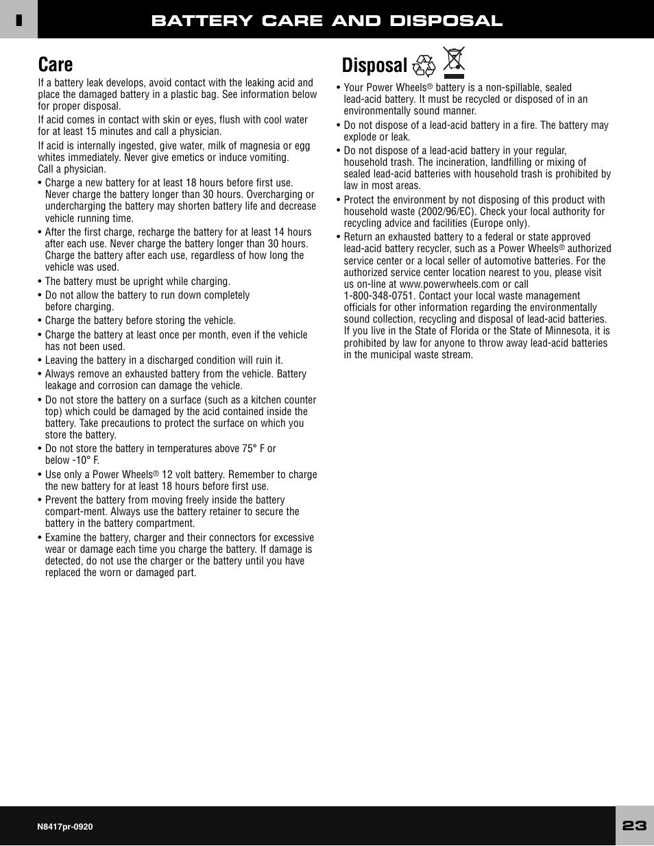 Care, Disposal, Battery care and disposal | Fisher-Price CADILLAC ESCALADE CUSTOM EDITION POWER WHEELS N8417 User Manual | Page 23 / 32