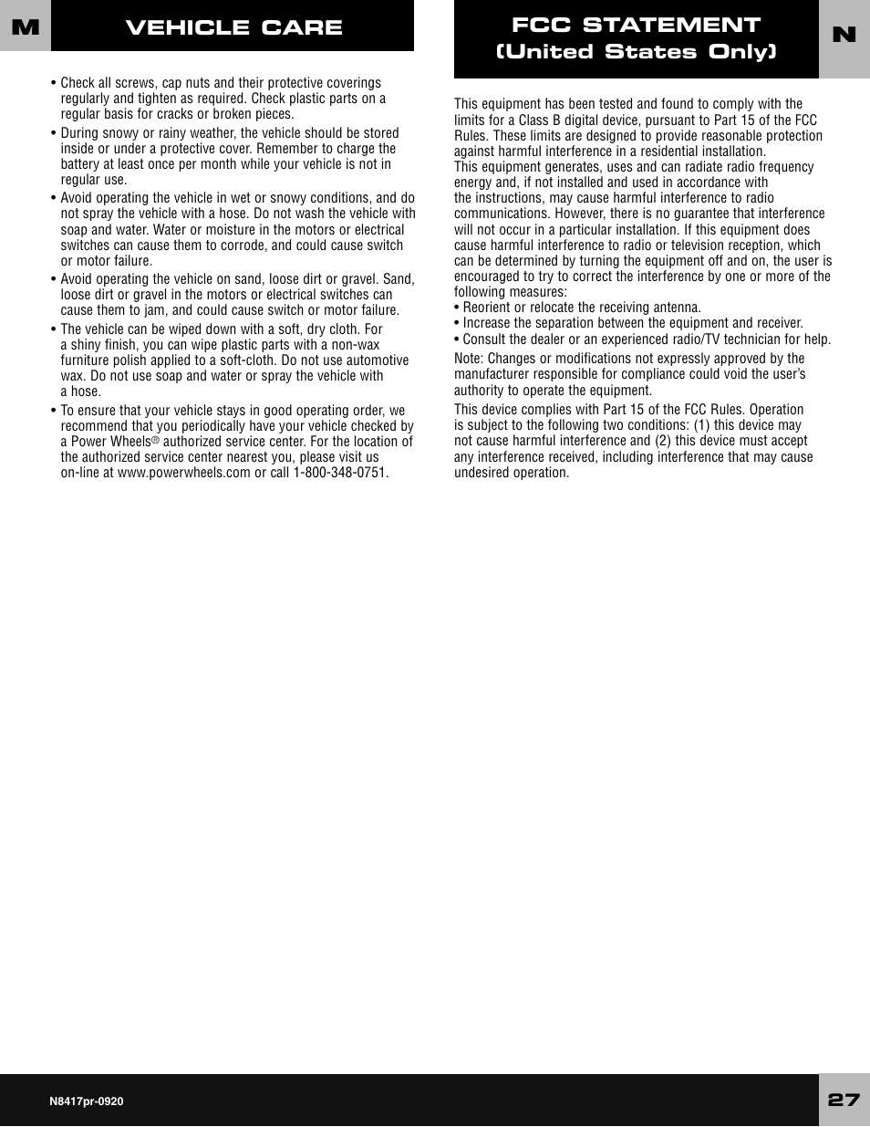 Vehicle care, Fcc statement (united states only) | Fisher-Price CADILLAC ESCALADE CUSTOM EDITION POWER WHEELS N8417 User Manual | Page 27 / 32