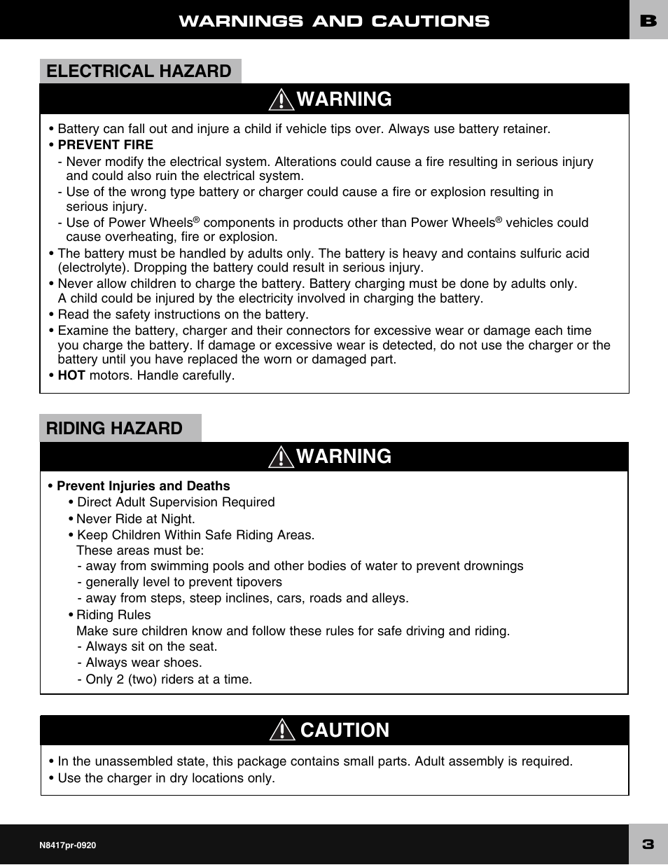 Caution, Warning, Electrical hazard | Riding hazard | Fisher-Price CADILLAC ESCALADE CUSTOM EDITION POWER WHEELS N8417 User Manual | Page 3 / 32