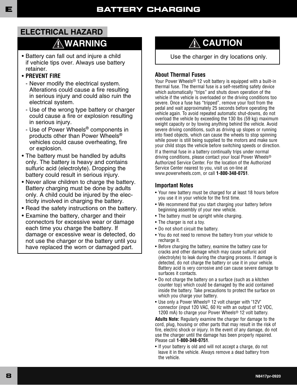 Warning caution, Electrical hazard, Battery charging | Fisher-Price CADILLAC ESCALADE CUSTOM EDITION POWER WHEELS N8417 User Manual | Page 8 / 32