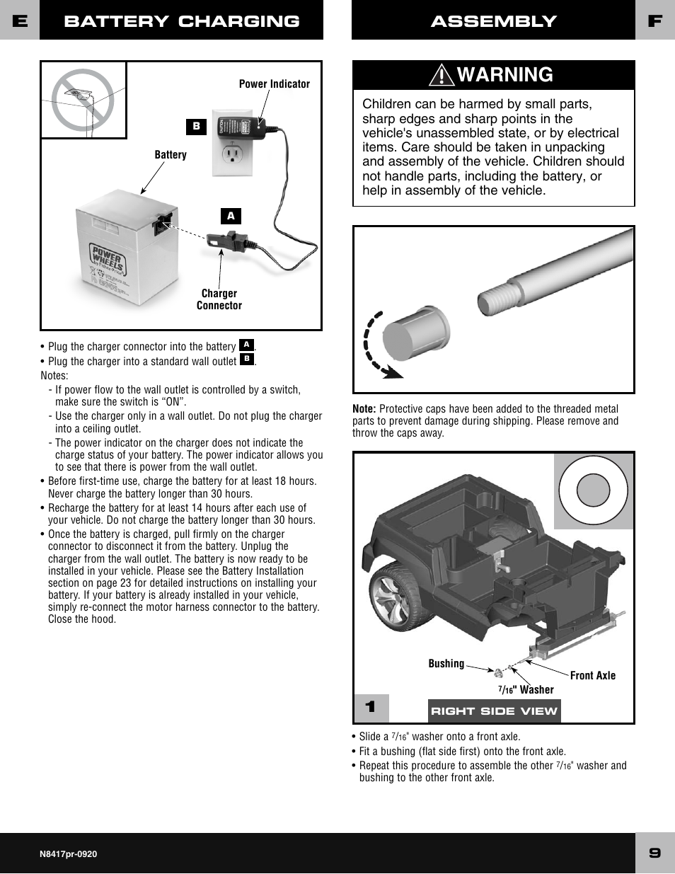 Warning, Battery charging, Assembly 1 | Fisher-Price CADILLAC ESCALADE CUSTOM EDITION POWER WHEELS N8417 User Manual | Page 9 / 32