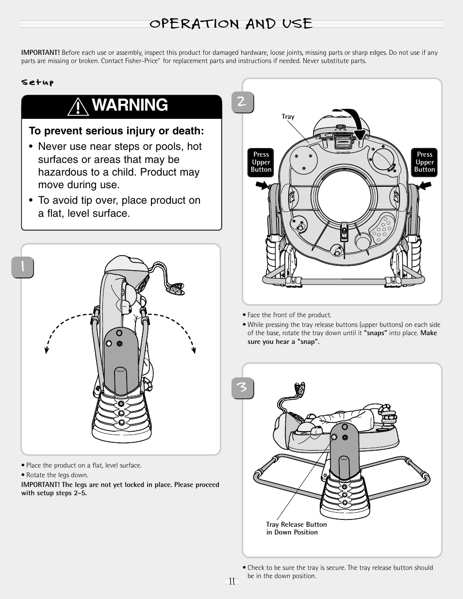 Warning, Operation and use | Fisher-Price PORTABLE ENTERTAINER 79070 User Manual | Page 11 / 16