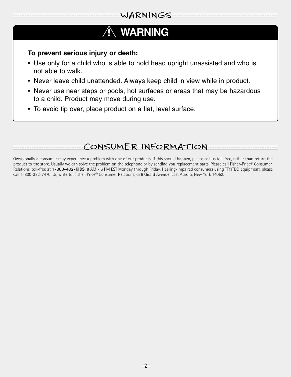 Warning, Warnings consumer information | Fisher-Price PORTABLE ENTERTAINER 79070 User Manual | Page 2 / 16