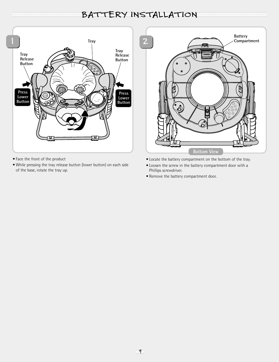 Battery installation | Fisher-Price PORTABLE ENTERTAINER 79070 User Manual | Page 9 / 16