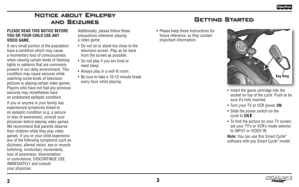 Notice about epilepsy and seizures getting started | Fisher-Price T6355 User Manual | Page 2 / 8