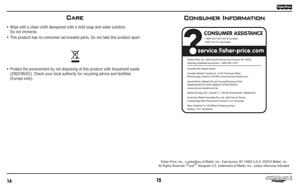 Care, Consumer information, Consumer assistance | Fisher-Price T6355 User Manual | Page 8 / 8