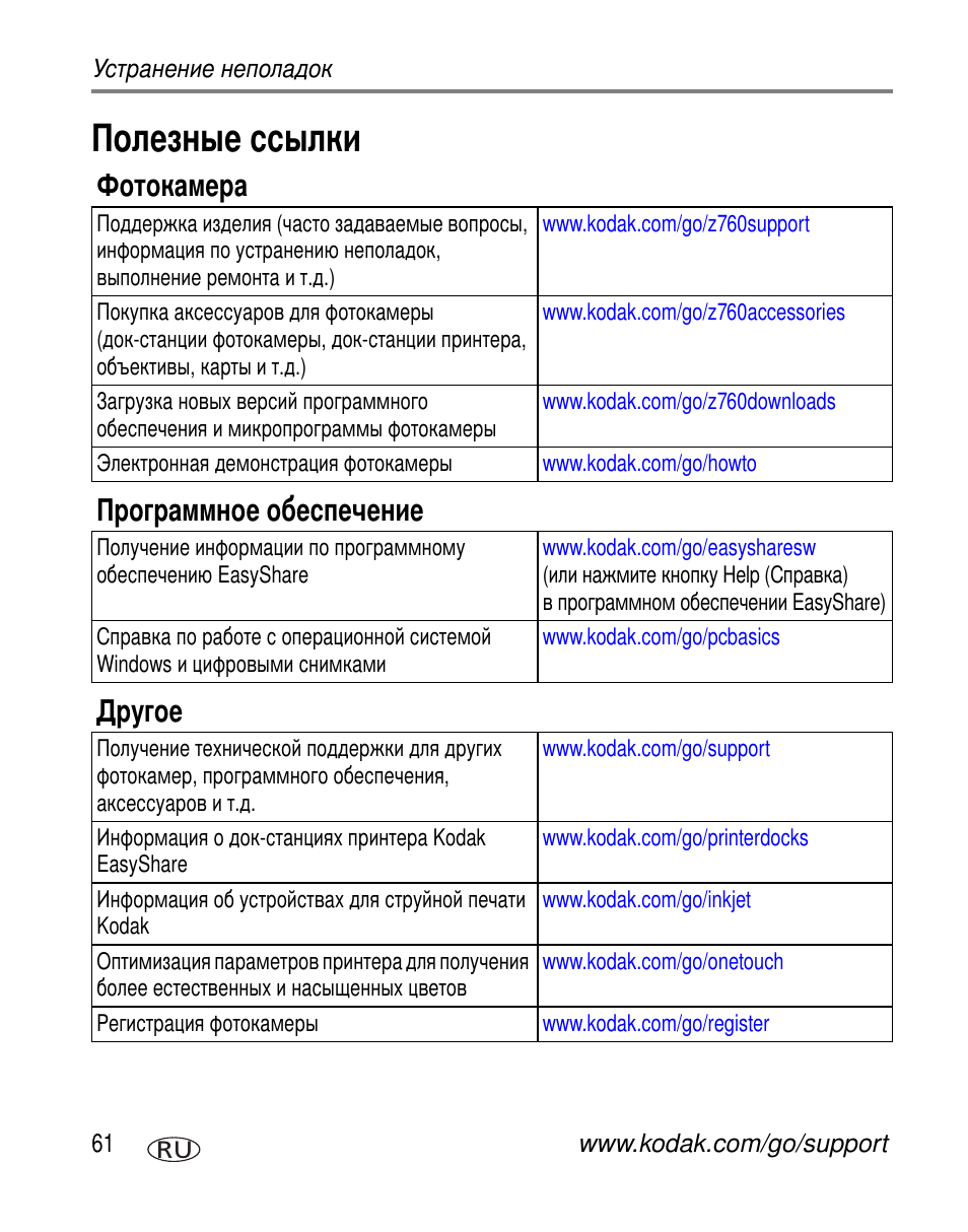 Полезные ссылки | Kodak Z760 User Manual | Page 68 / 91