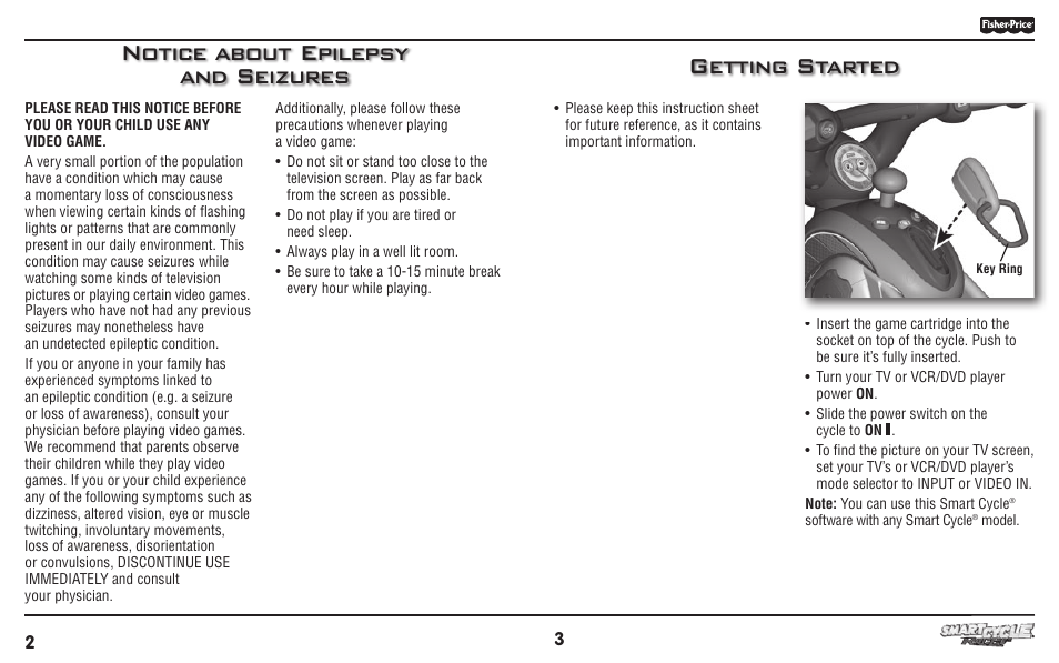 Getting started, Notice about epilepsy and seizures | Fisher-Price SMART CYCLE RACER T6356 User Manual | Page 2 / 8