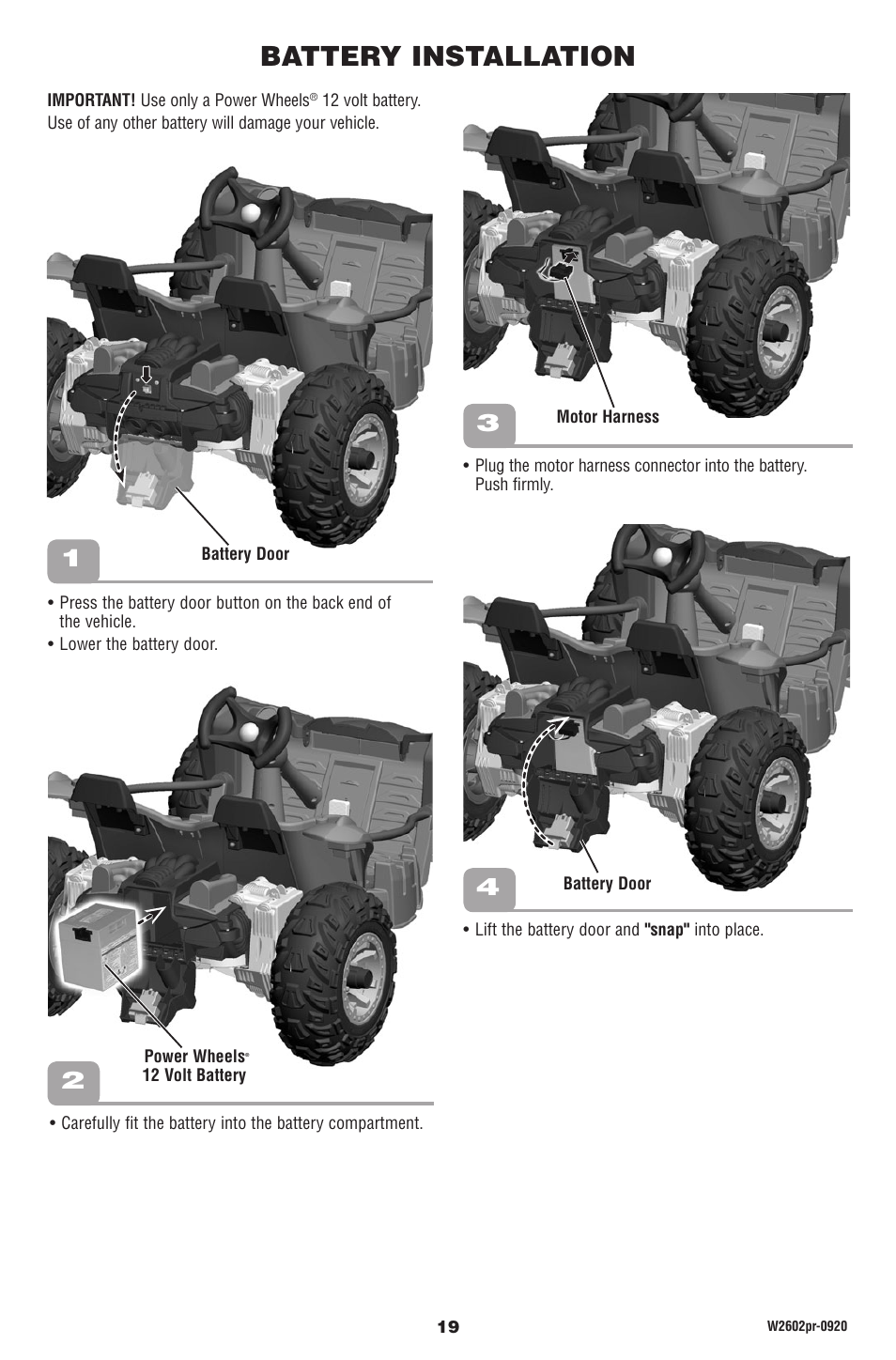 Battery installation | Fisher-Price DUNE RACER W2602 User Manual | Page 19 / 28