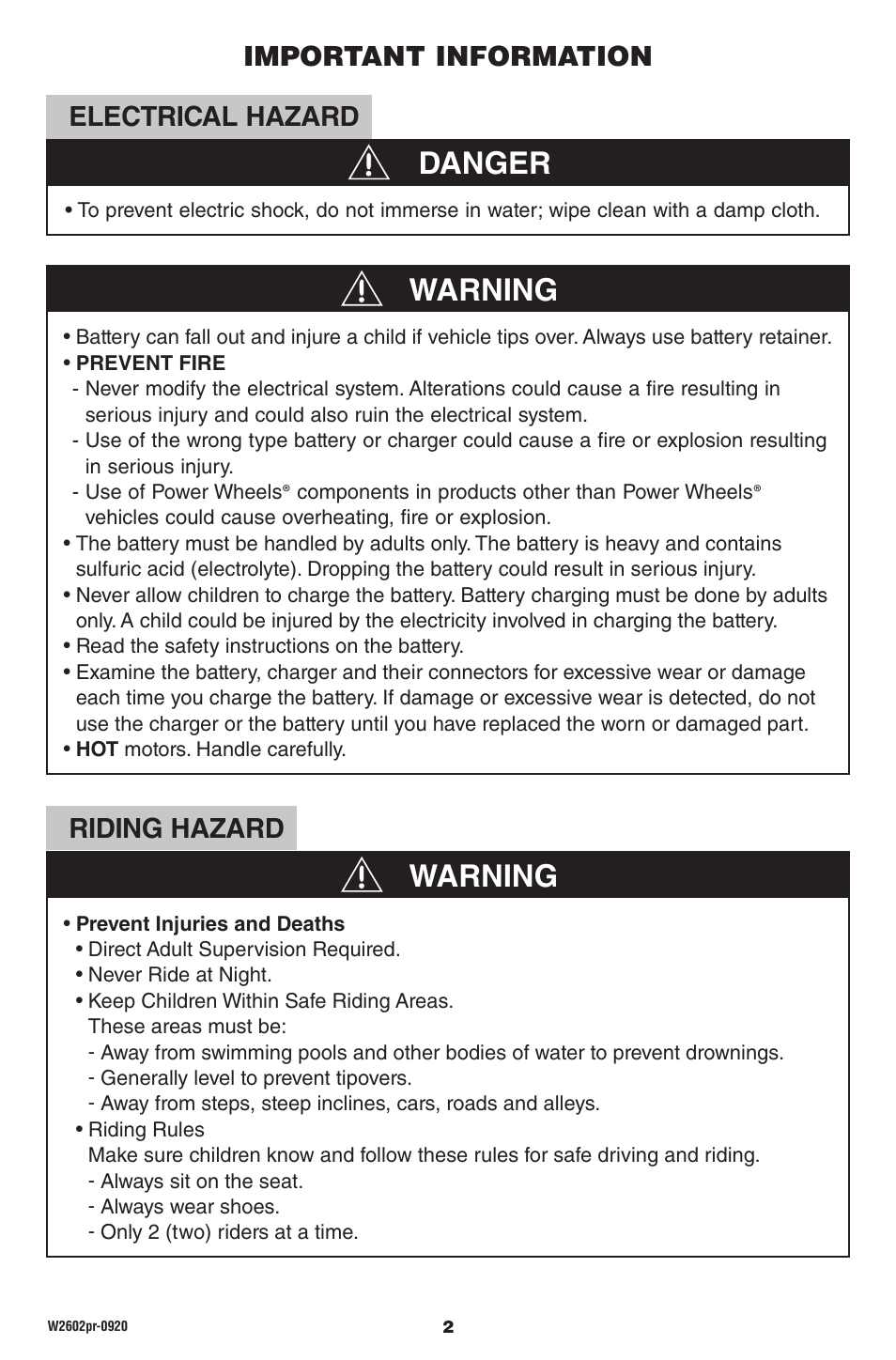 Danger warning warning | Fisher-Price DUNE RACER W2602 User Manual | Page 2 / 28