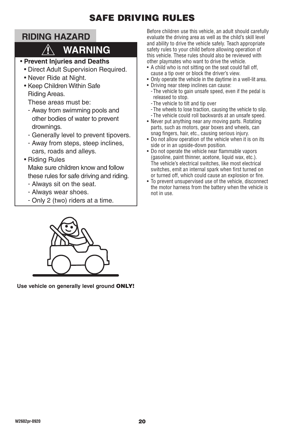 Warning, Riding hazard, Safe driving rules | Fisher-Price DUNE RACER W2602 User Manual | Page 20 / 28