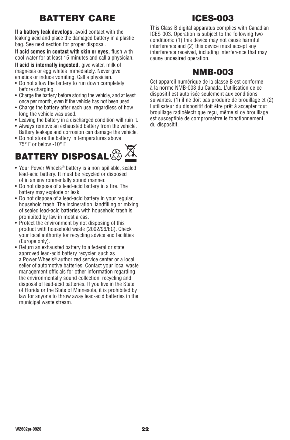 Ices-003, Nmb-003, Battery disposal | Battery care | Fisher-Price DUNE RACER W2602 User Manual | Page 22 / 28