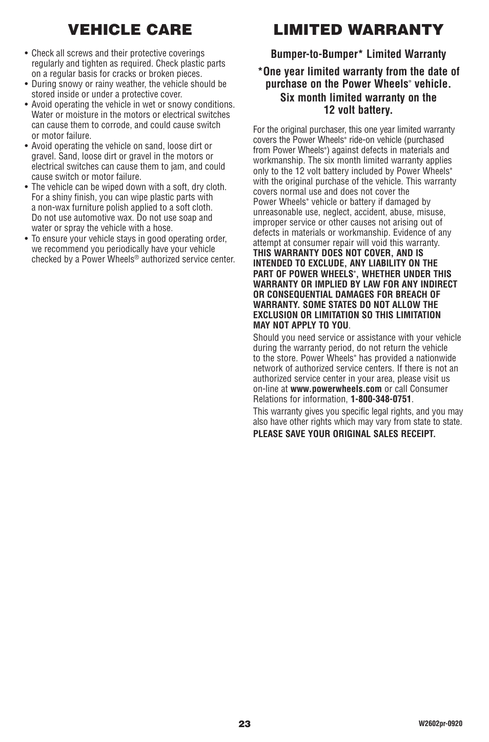 Vehicle care, Limited warranty | Fisher-Price DUNE RACER W2602 User Manual | Page 23 / 28