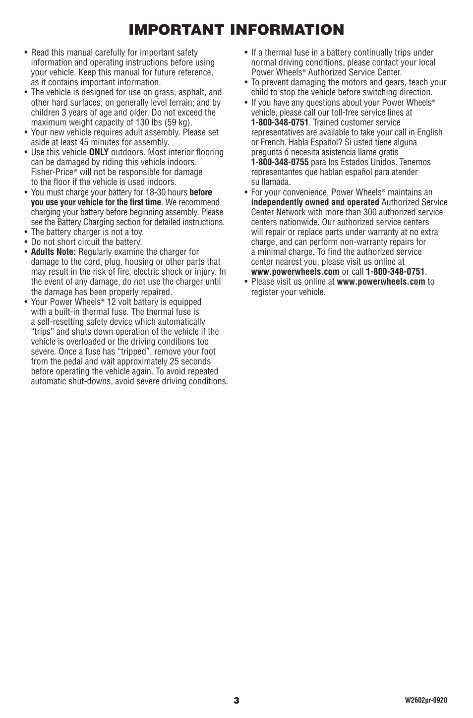 Important information | Fisher-Price DUNE RACER W2602 User Manual | Page 3 / 28