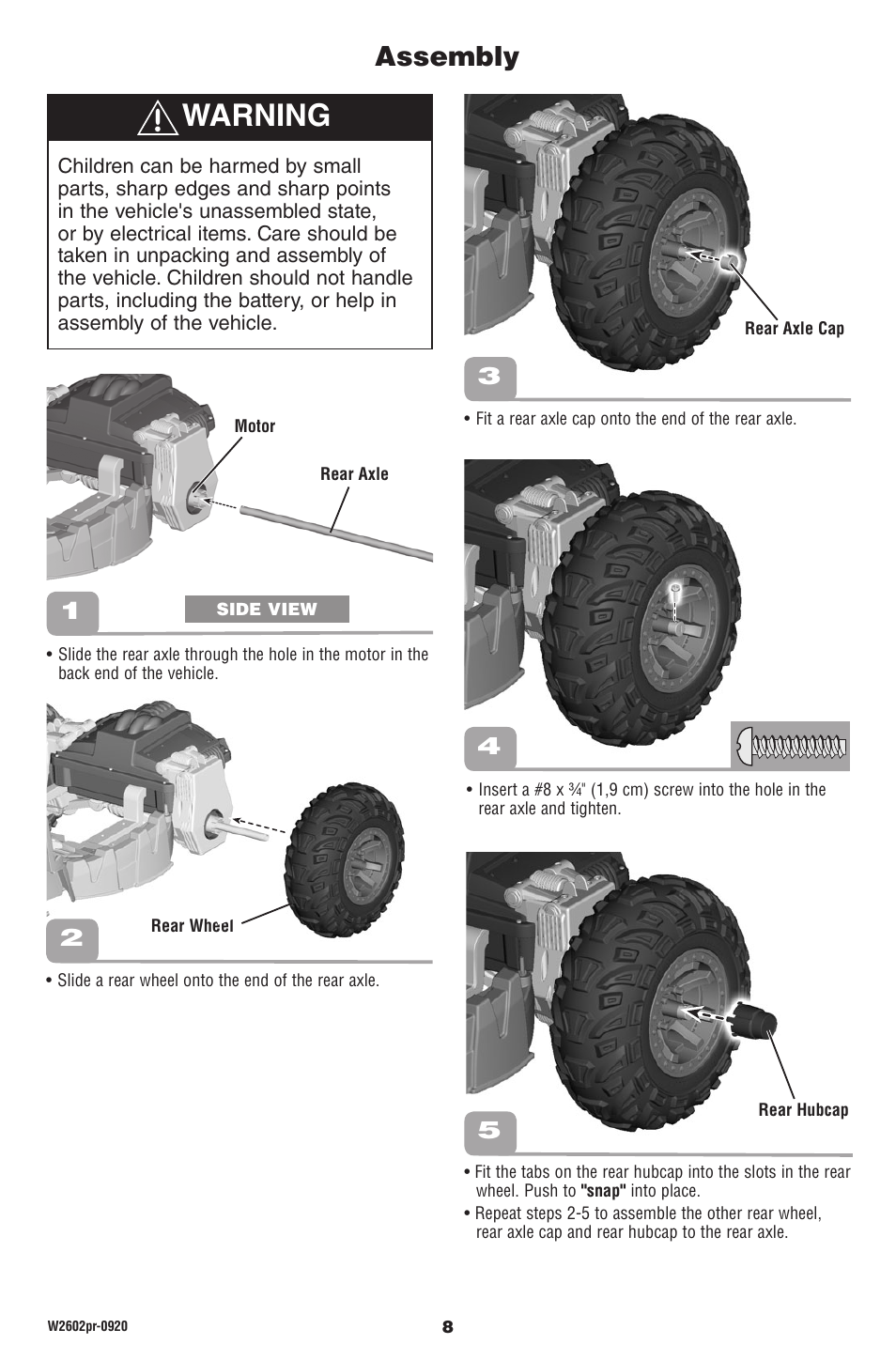 Warning, Assembly | Fisher-Price DUNE RACER W2602 User Manual | Page 8 / 28