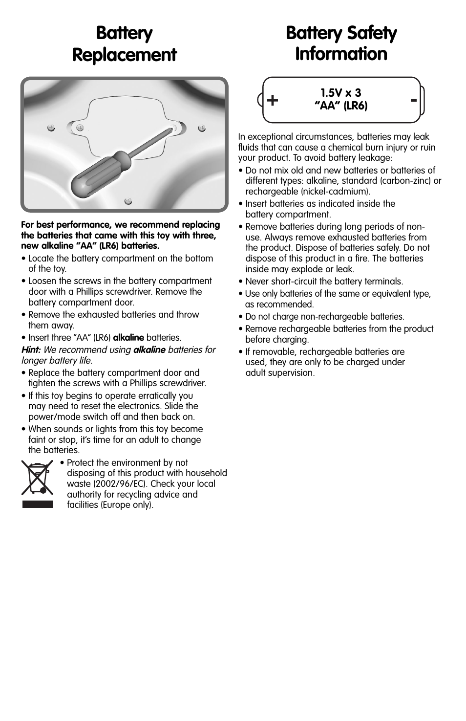 Battery replacement battery safety information | Fisher-Price M9972 User Manual | Page 2 / 5