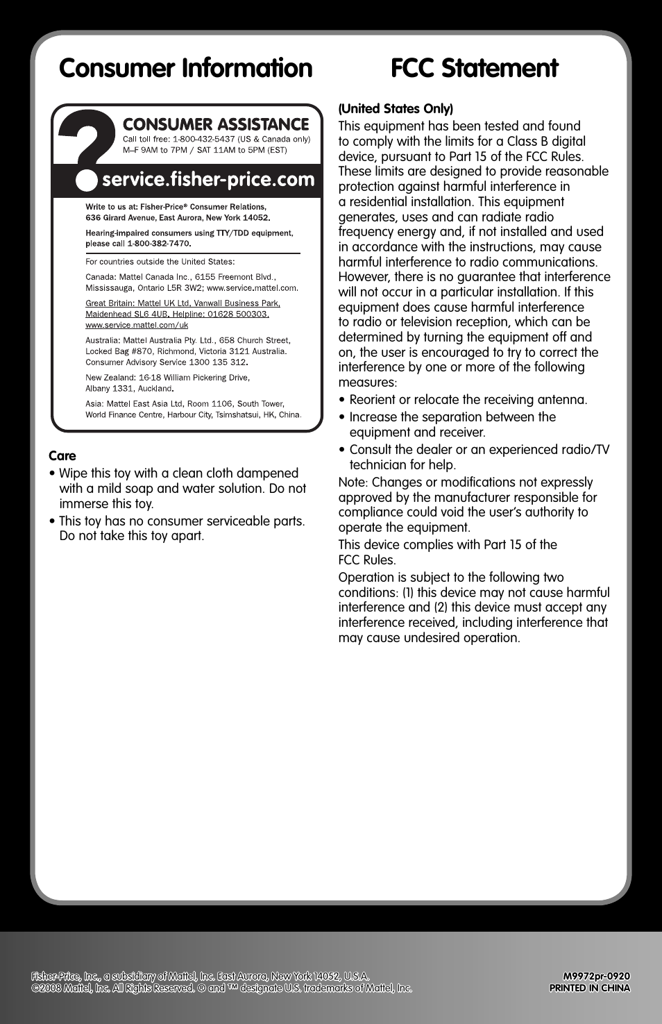 Consumer information fcc statement | Fisher-Price M9972 User Manual | Page 4 / 5