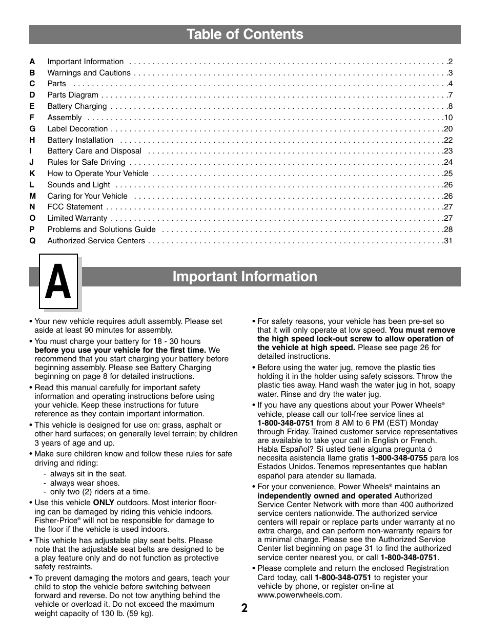 Table of contents important information | Fisher-Price BARBIE JEEP B2489 User Manual | Page 2 / 36